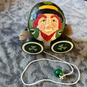 Briere Studio Folk Art Pull Wooden Toy 1993 Leprechaun Ball & Cart